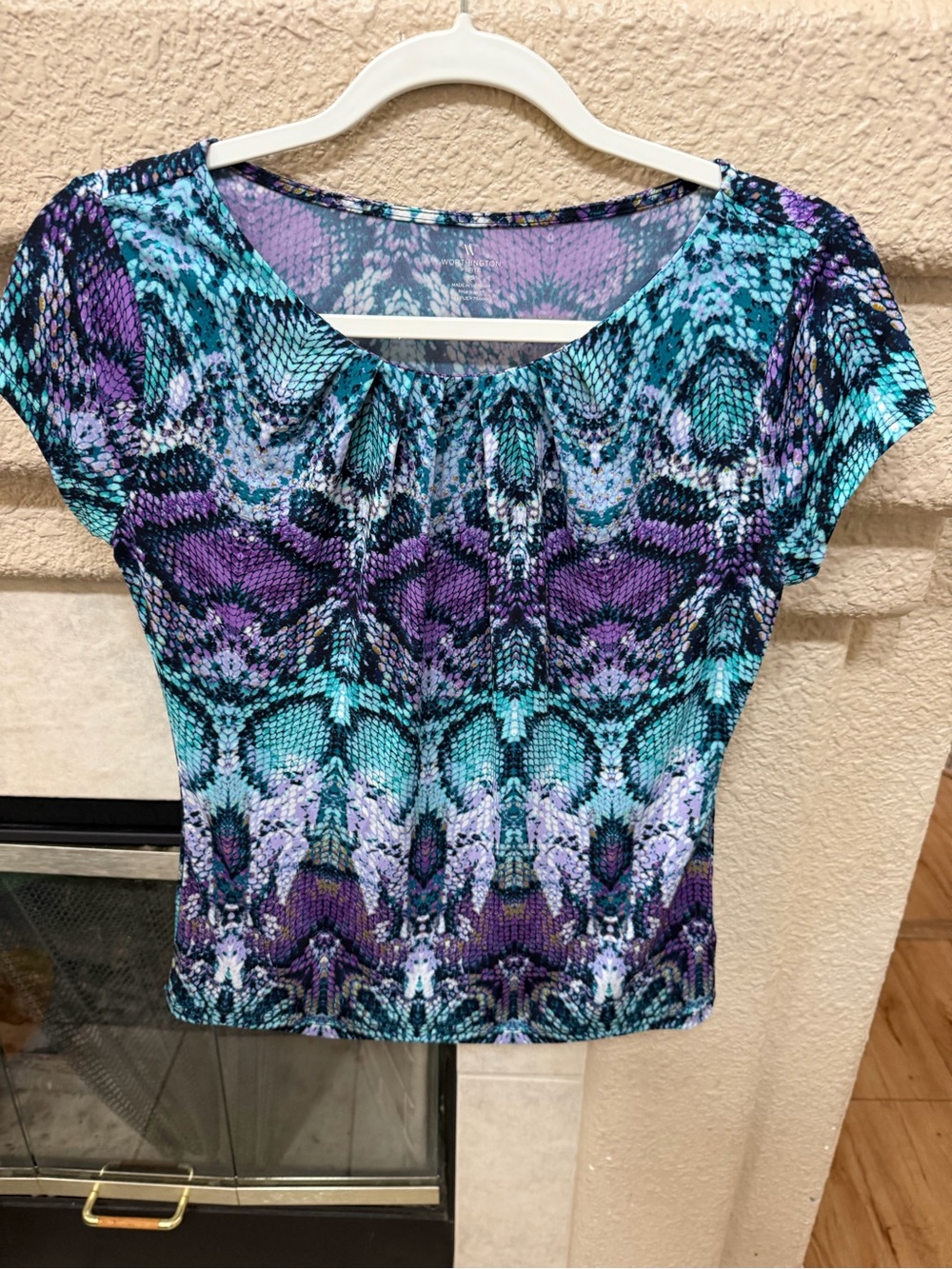 Worthington Purple & Teal Printed Short Sleeve Blouse